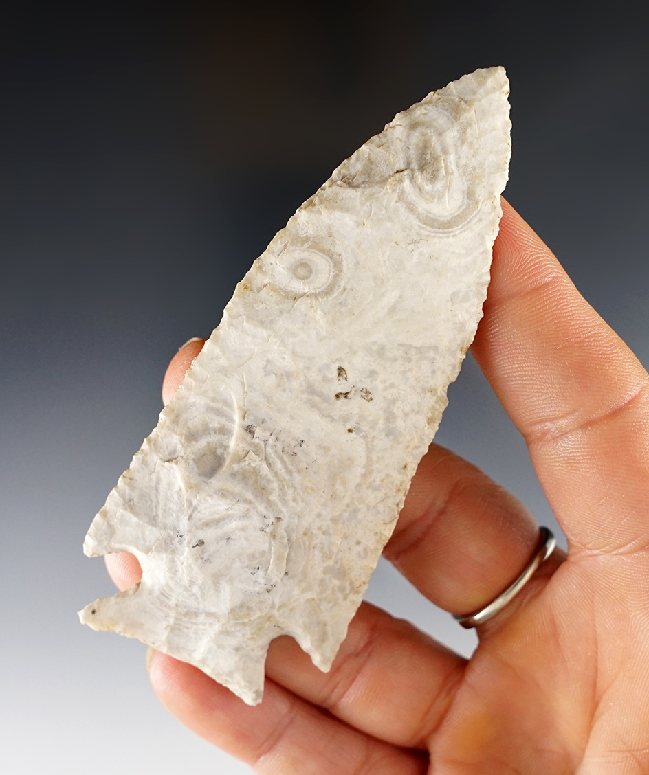 3 3/4" Kirk Corner Notch made from Jefferson City Chert. Found in Fulton Co., Illinois. Ex. Yost. 