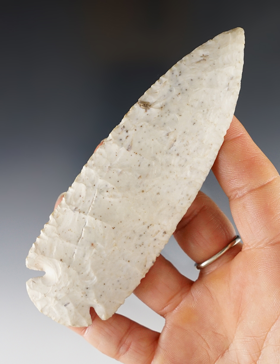 4 3/4" Dovetail made from Burlington Chert. Found in Peoria Co., Illinois. Pictured. Ex. R. Fidler. 