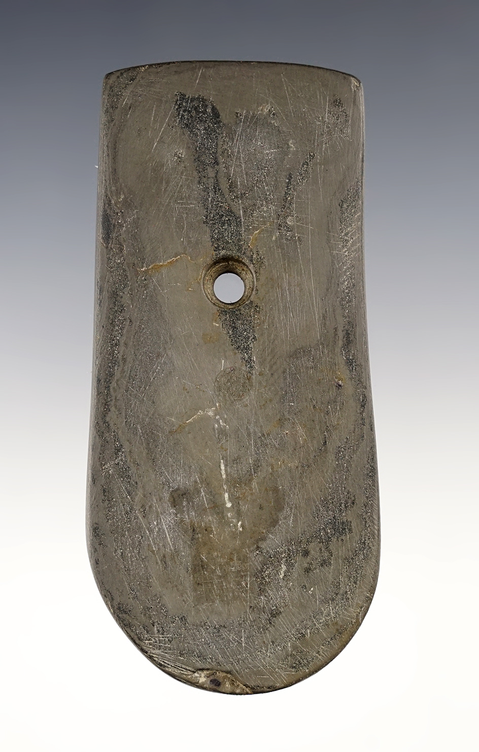 4 1/16" Keyhole Pendant made from gray Glacial Slate. Found in Greene Co., Ohio. Ex. Watts.