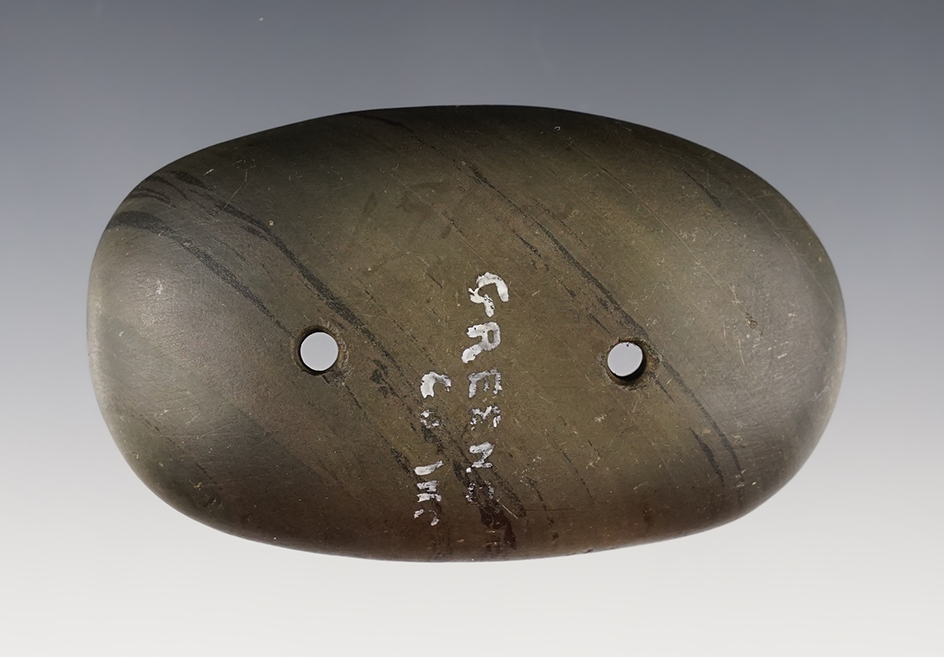 3 3/8" Gorget made from green and black Mottled Slate. Found in Greene Co., Indiana. 