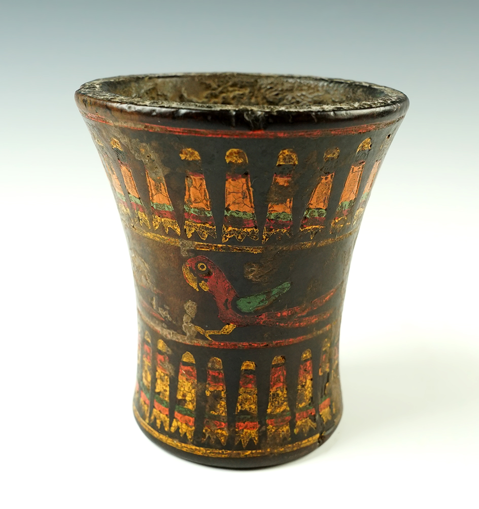 Ornately decorated 4 3/8" tall by 3 7/8" wide Inca culture Kero recovered in Peru.