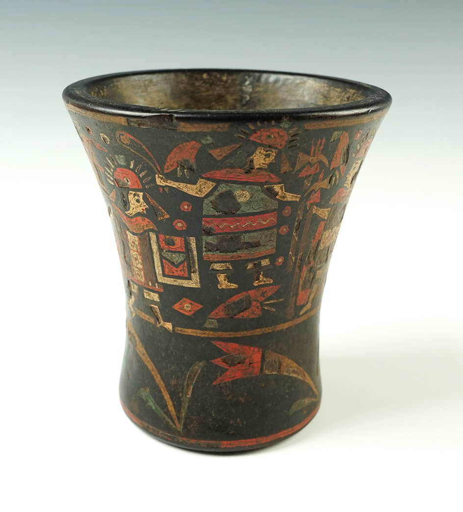 4 3/8" tall x 4" wide Inca culture Kero made from hand carved wood. Recovered in Peru.