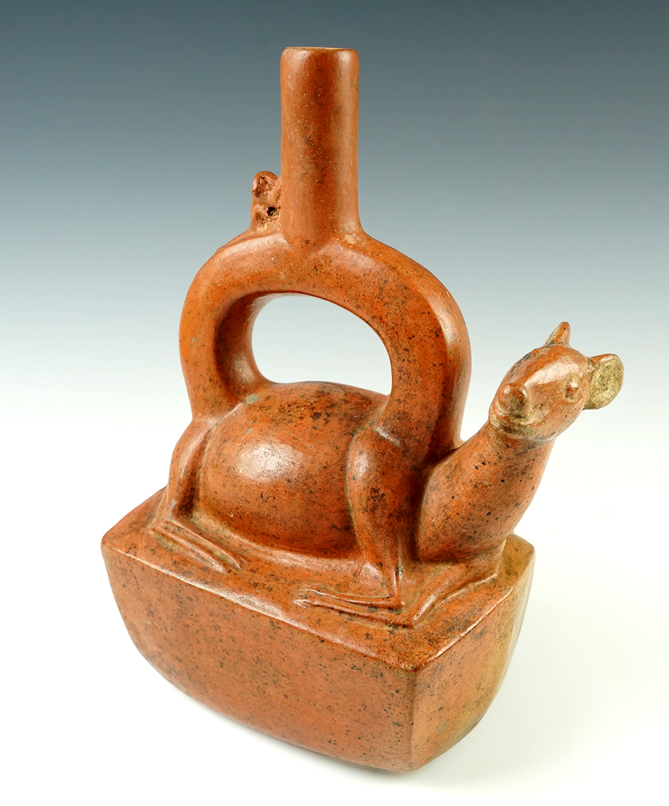 8 3/4" tall x 6 5/16" wide Lambayeque resting deer effigy Stirrup Bottle recovered in Peru. 