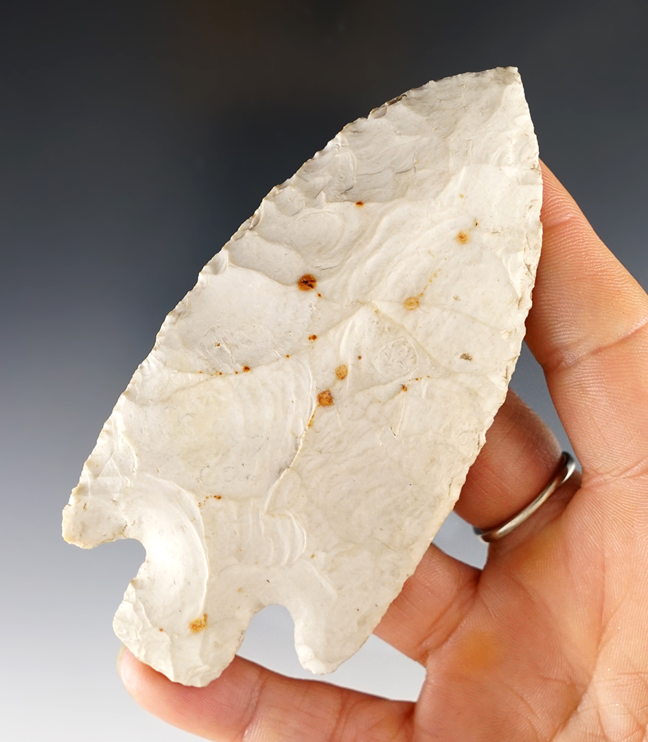 4 1/8" Mehlville made from Burlington Chert, found in Pike Co., Illinois. Ex. Ray Long collection. 