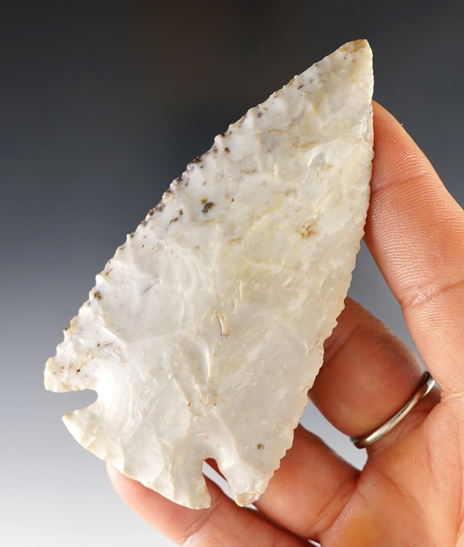 Nice symmetry on this 3 1/2" Charleston made from Burlington Chert. Small spot of restoration. 