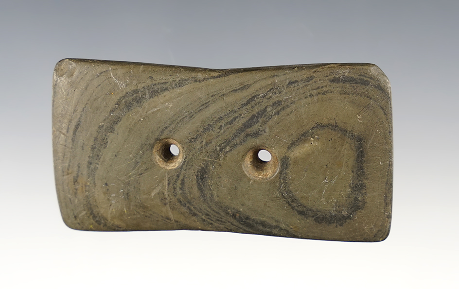 2 7/8" Bi-Concave Gorget made from Banded Glacial Slate with some engravings on surface. 