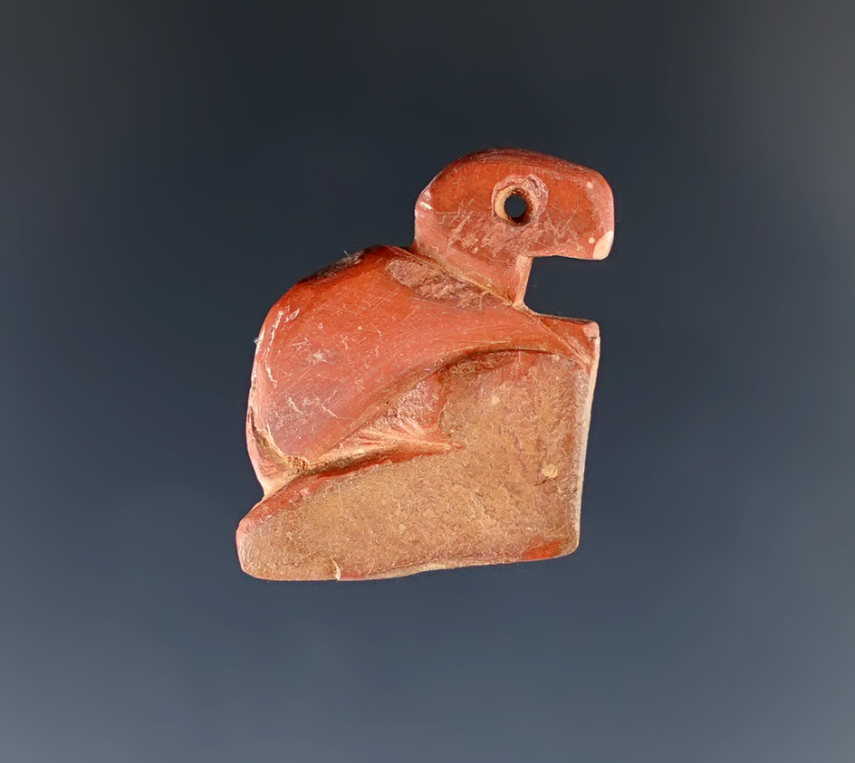 Nice! 7/8" tall x 7/8" wide drilled bird effigy pendant found at a site in New Mexico.