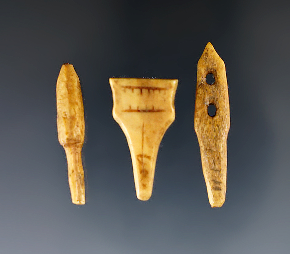 Set of three miniature Ivory artifacts. Largest is 1 9/16".