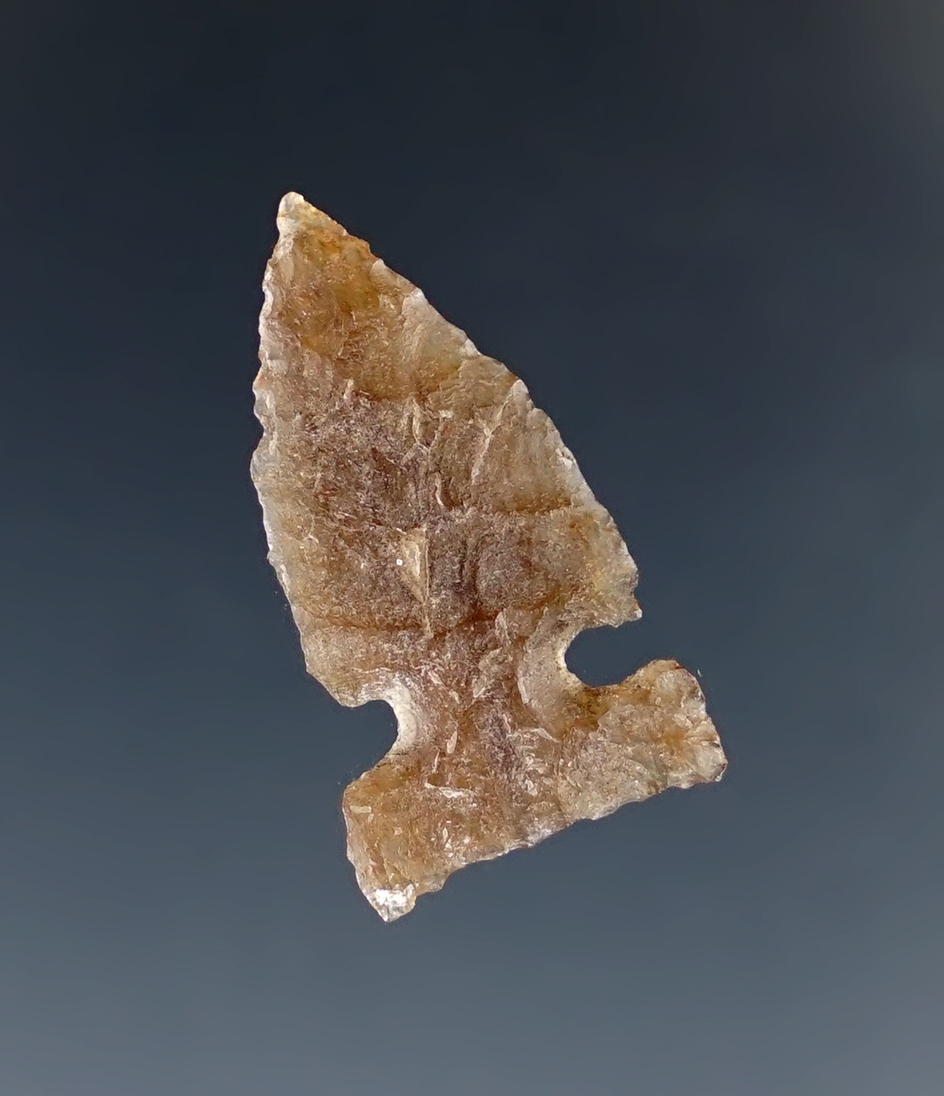 Thin and excellent flaking on this 1" well styled Sidenotch arrow point found in New Mexico.