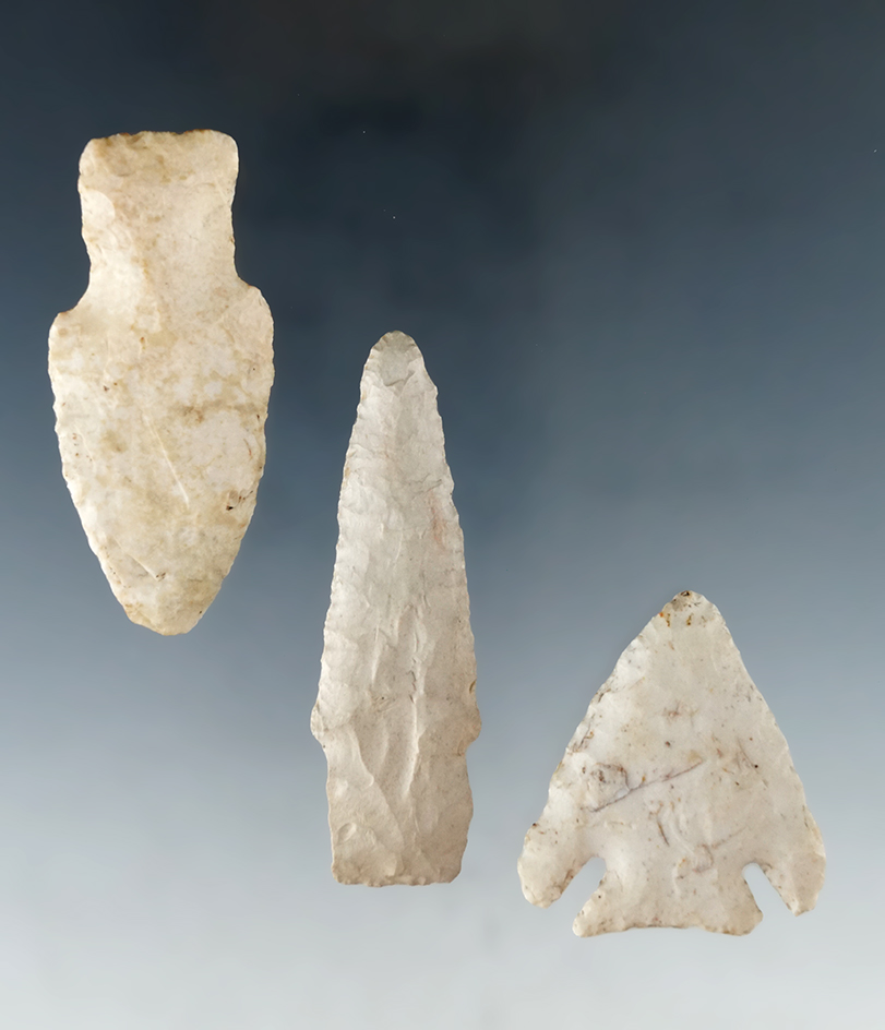 Set of three nice flaked artifacts found in Illinois, largest is 2 9/16".