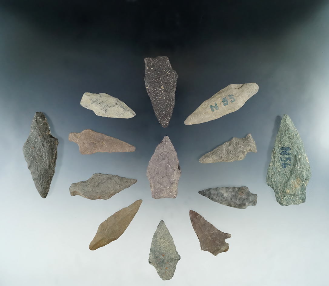 Group of 13 assorted projectile points and knives found in New Jersey, largest is 3 1/8".
