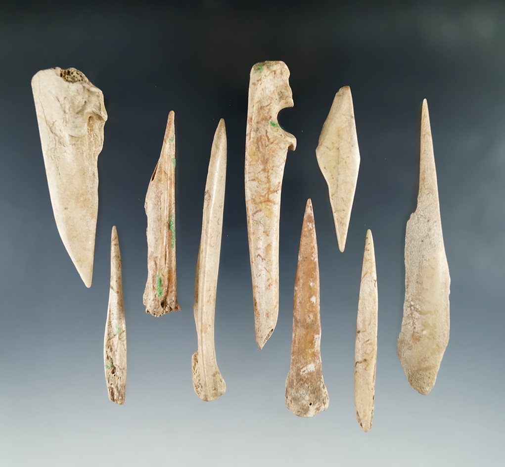 Nice group of bone awls found by Bob Edler on Crib Mound, Spencer Co., Indiana.