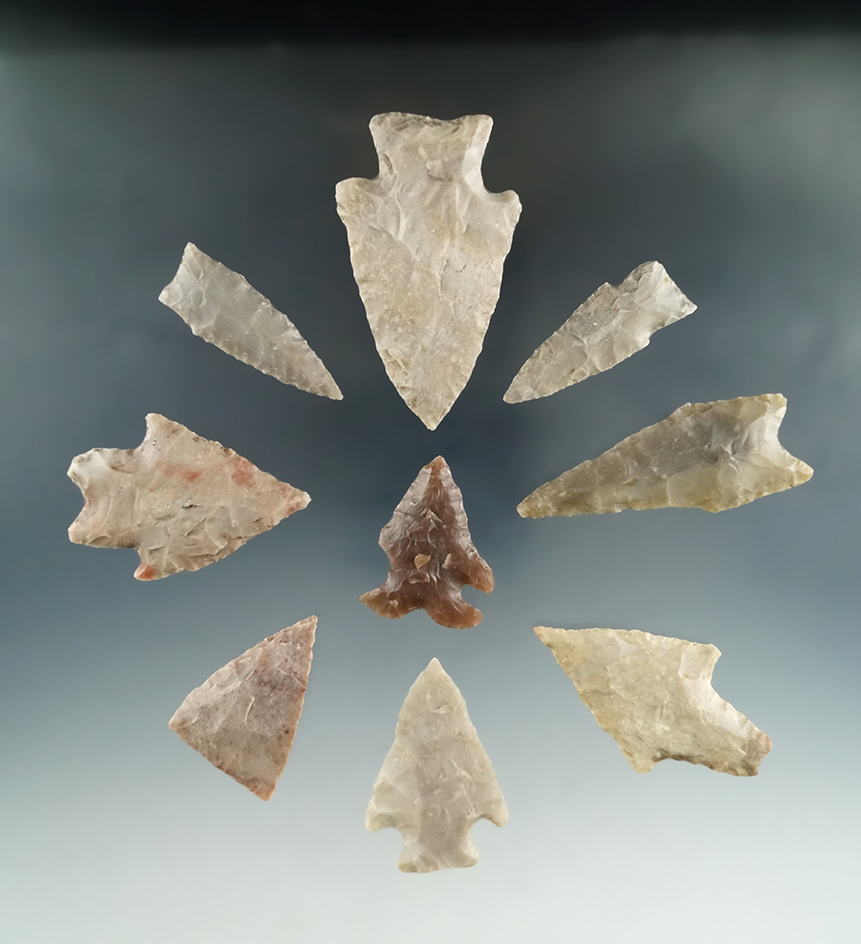 Nice group of nine assorted Texas flaked artifacts, largest is 2 1/2".