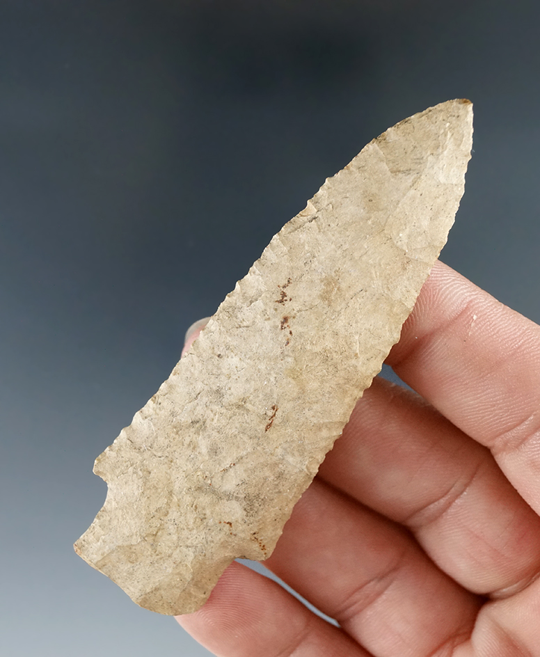 3 3/16" Kirk Stemmed made from Dover chert found in Tennessee. Comes with a Davis COA.