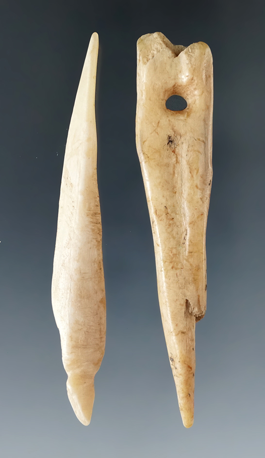 Pair of bone awls, one perforated, one grooved, found by Bob Edler at Crib Mound, Spencer Co., IN.