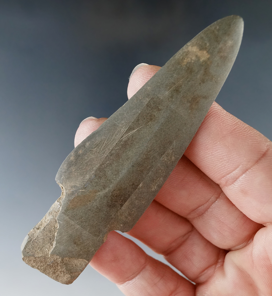 Nicely crafted 3 1/2" polished slate projectile/spear point found on the northwest coast of Alaska.