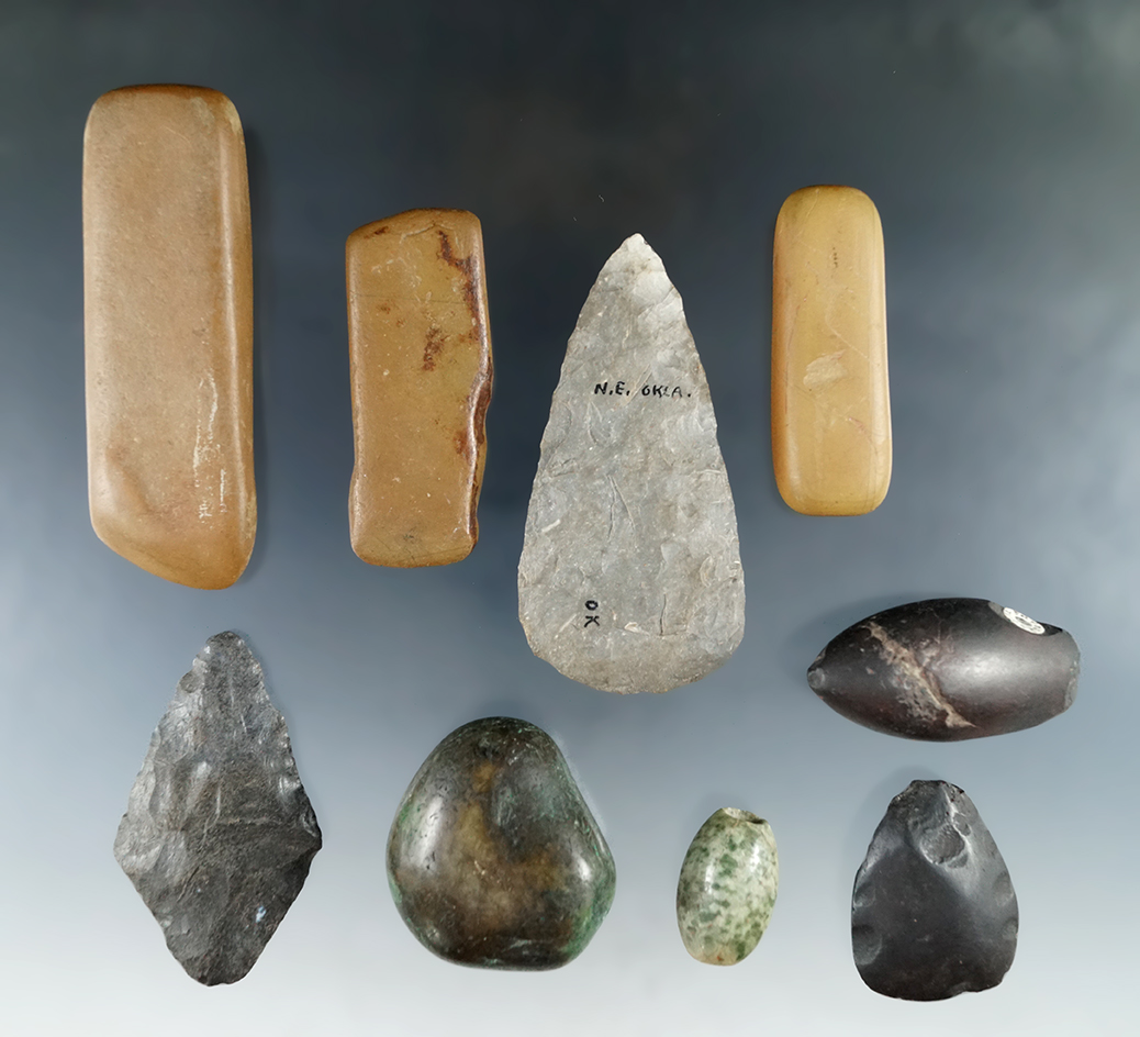 Group of flint and stone artifacts from the personal collection of Gregory Perino, largest is 3 1/2"