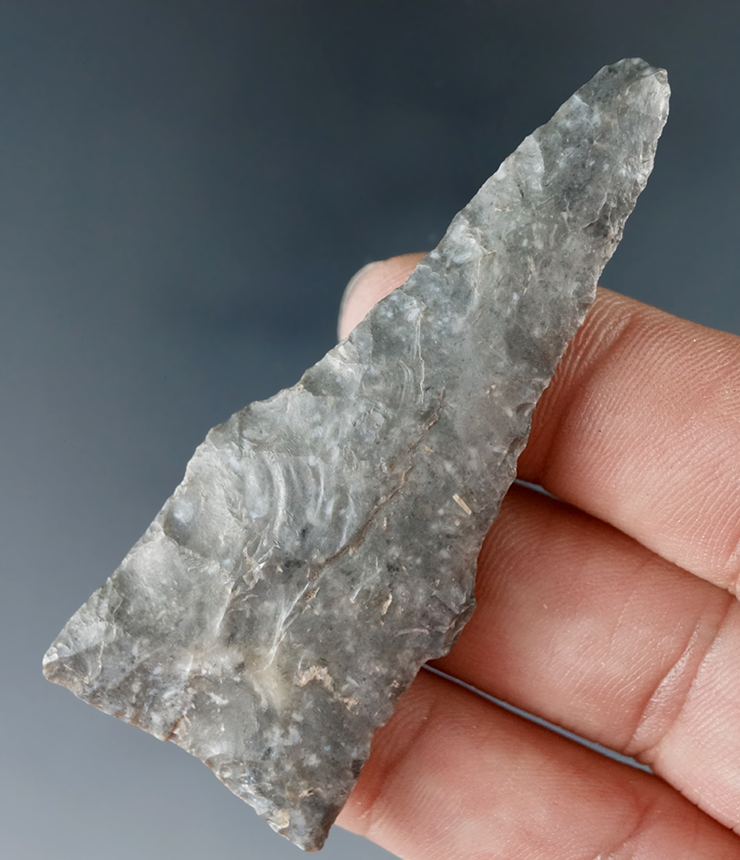 Rare style! 2 5/8" Scottsbluff Drill with a heavily ground base found in Kansas.