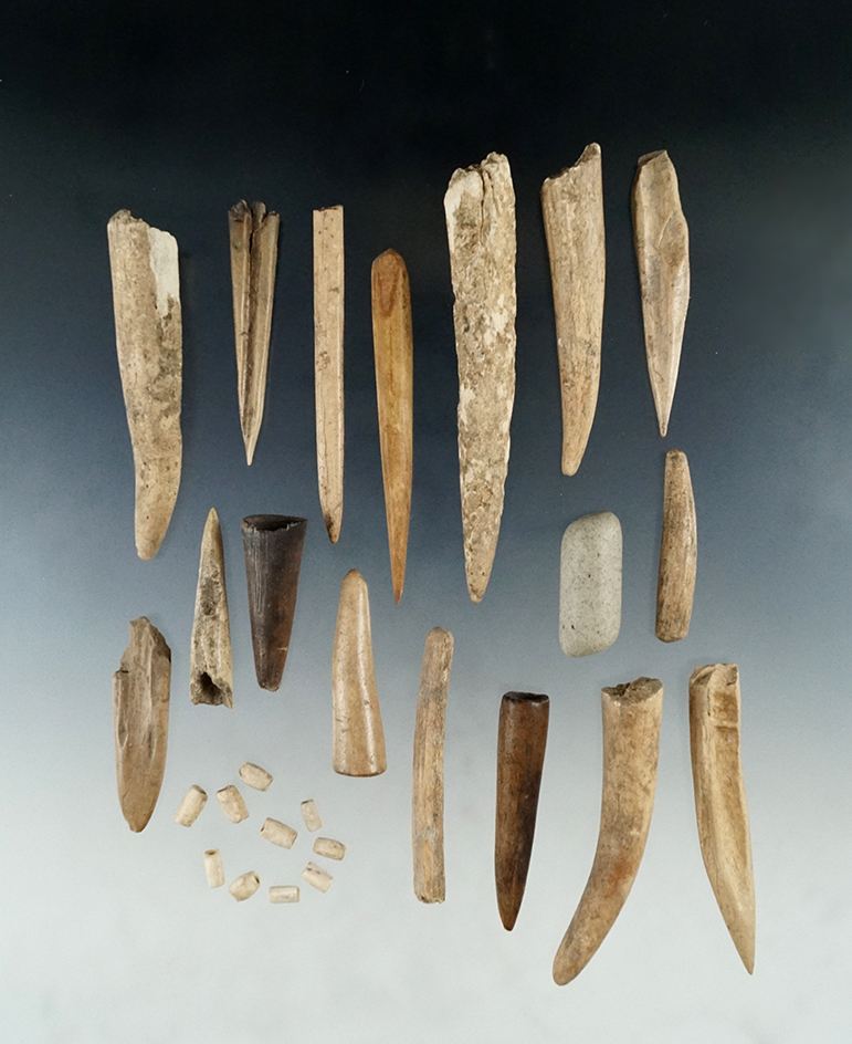 Group of Fort Ancient bone artifacts and beads found on a Fort Ancient site in Scioto Co., Ohio.