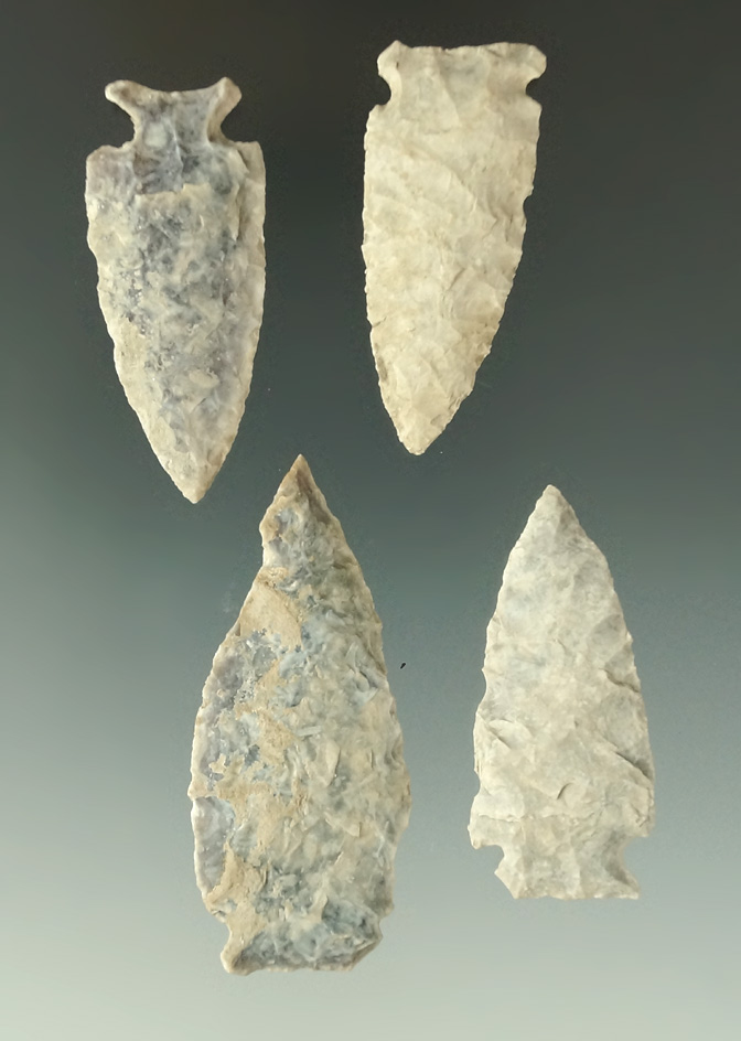 Set of 4 heavily patinated Knife River Flint arrowheads, Dakotas, largest is 2 1/8".