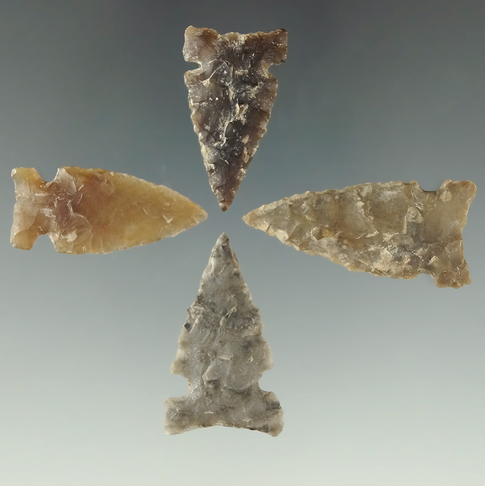 Set of four Sidenotch arrowheads found in the Dakotas, largest is 1 3/8".