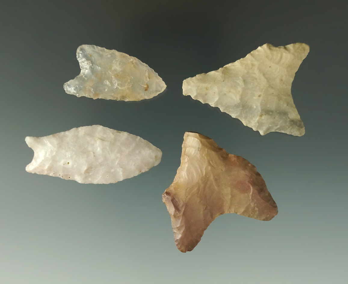 Set of four very nice arrowheads found in the Kansas area, largest is 1 13/16".