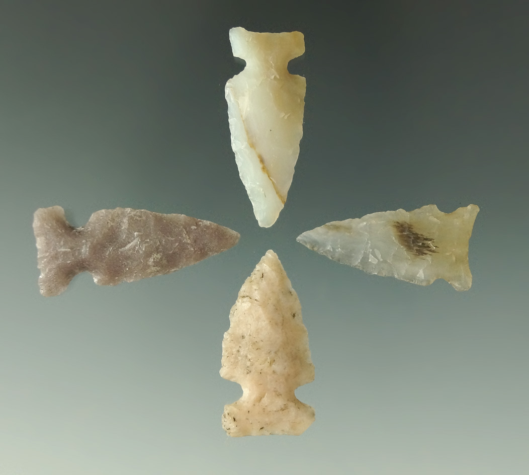 Set of four Sidenotch arrowheads found in the Dakotas, largest is 1 9/16".