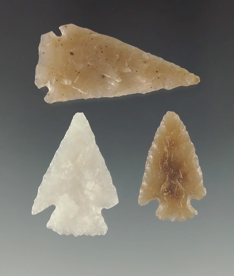 Set of three Pelican Lake Dart Points found in Colorado, largest is 1 7/16".