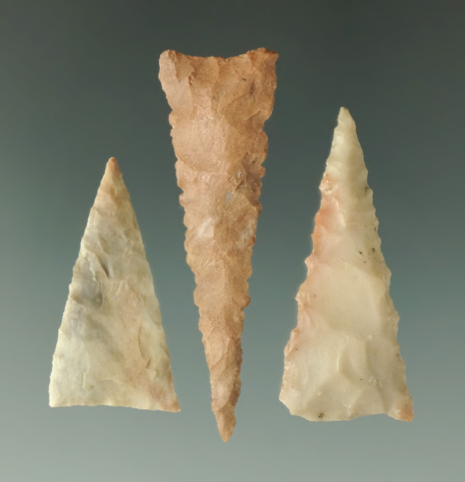 Set of three Triangular arrowheads, largest is 1 13/16" found in the Kansas area.
