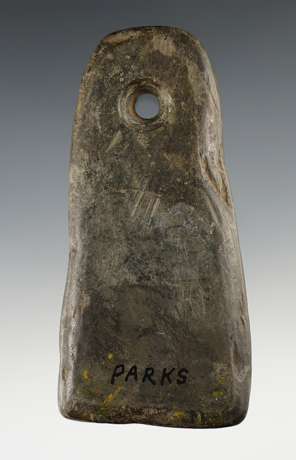 4 3/8" trapezoidal Adena pendant found in Indiana. Ex. Cameron Parks.