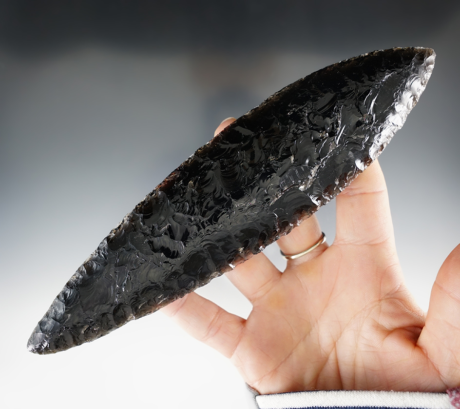 Large and nice 7 3/8" Obsidian Pre-Columbian Bi-Pointed Blade - Mesoamerica. Bennett COA.