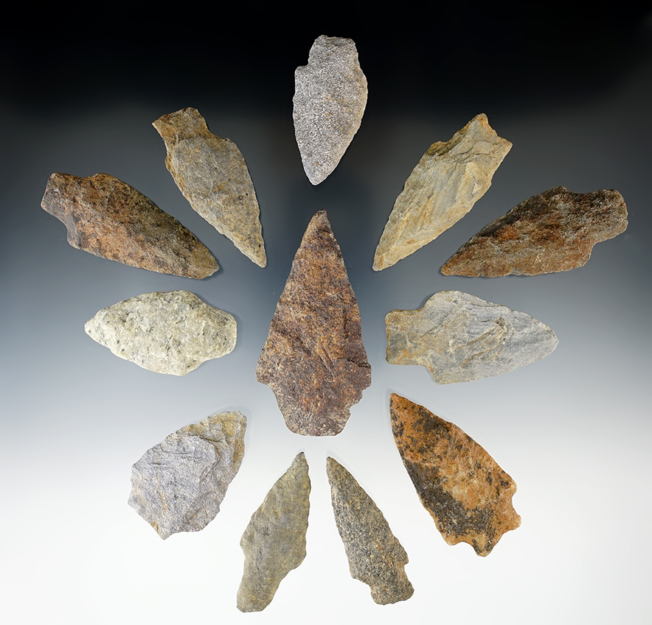 Group of 12 assorted arrowheads found in Maryland, largest is 2 7/8".