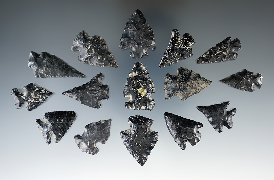 Group of 15 assorted Obsidian arrowheads found in Twin Falls Idaho. Largest is 1 1/2".