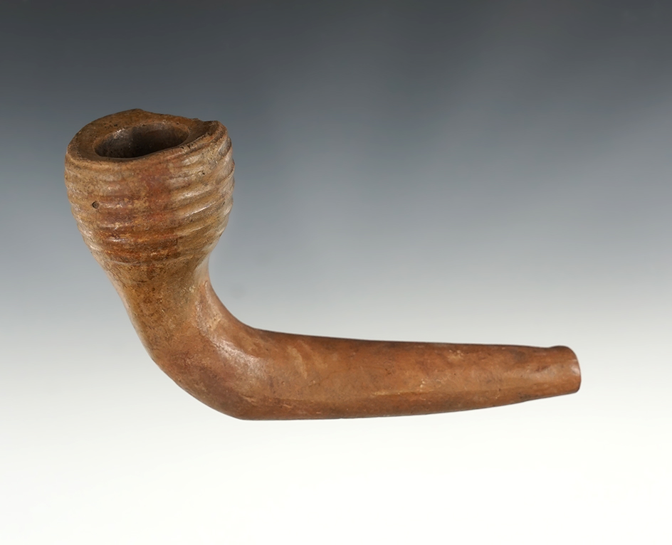 Large 4 5/8" x 3 1/4" Iroquois Ring Bowl Clay Pipe with restoration to the elbow & stem. New York.