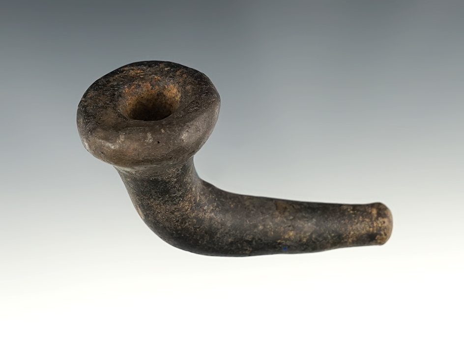 3 3/8" long x 1 3/4" tall Iroquois Clay Trumpet Pipe - partial restoration to bowl area.  New York.
