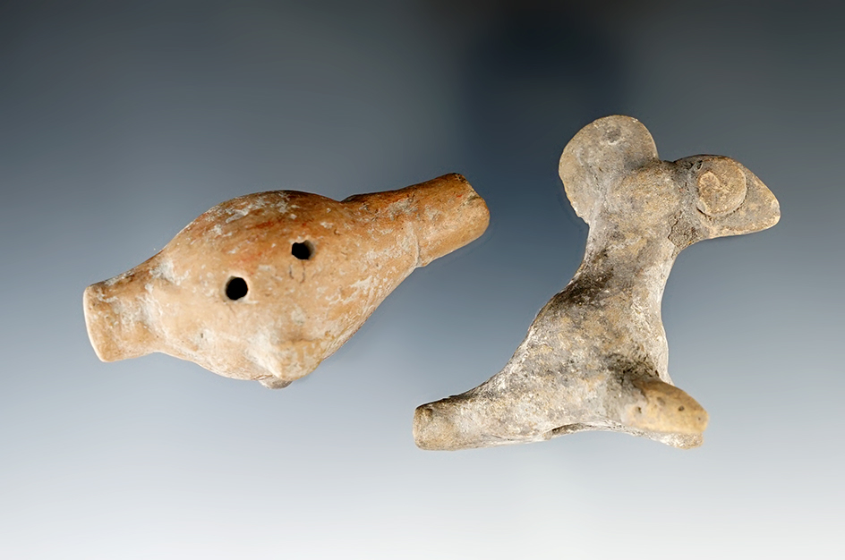 Pair of pre-Columbian clay whistles found in Mexico, largest is 2 3/8".