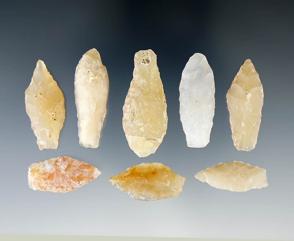 Group of eight Chalcedony arrowheads found in New Mexico, largest is 1 7/16".