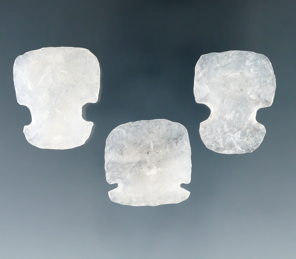 Set of three beautiful highly translucent chalcedony hafted scrapers found in New Mexico.
