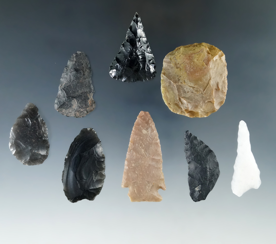 8 assorted flaked artifacts found in Humboldt Co., Nevada including a 1 5/8" Paleo Crescent.