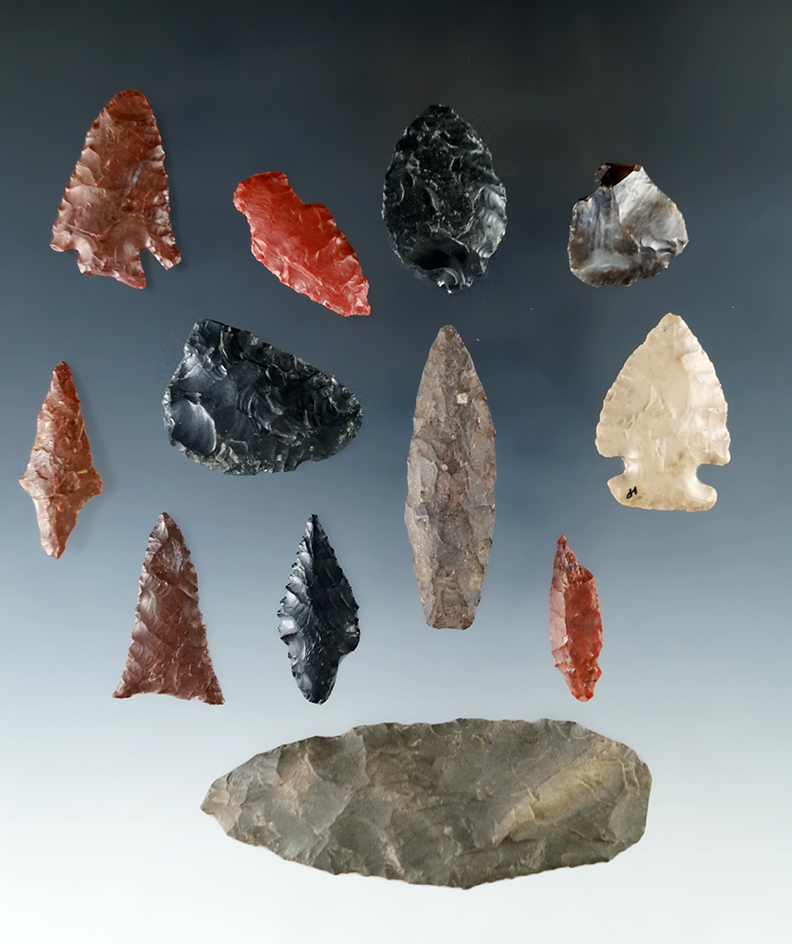 Group of 12 assorted flaked artifacts, largest is 3 1/8" found in Oregon.