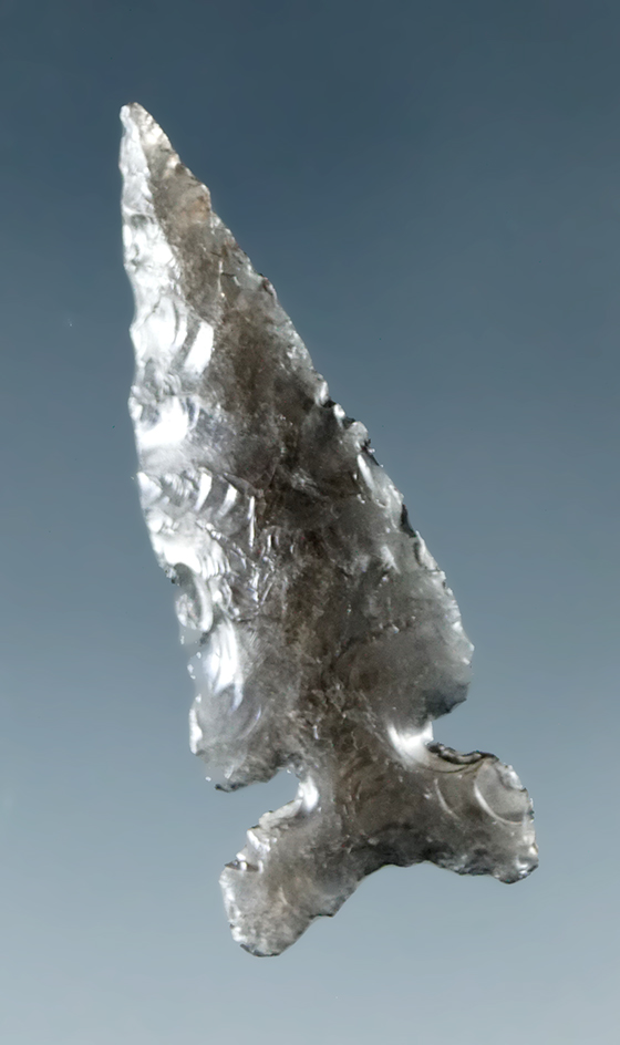 Excellent flaking on this 1 3/16" obsidian Desert Side Notch found in Humboldt Co., Nevada.