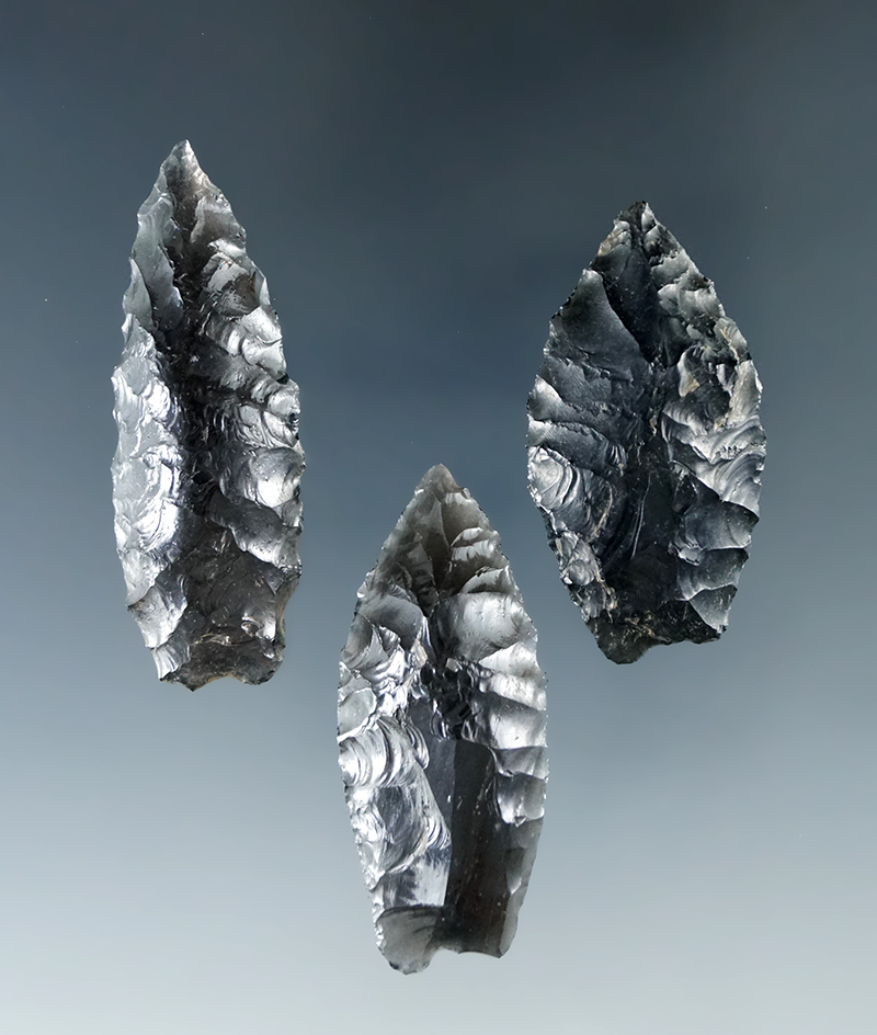 Set of three obsidian Humboldt points, largest is 1 13/16". All found in Humboldt Co., Nevada.
