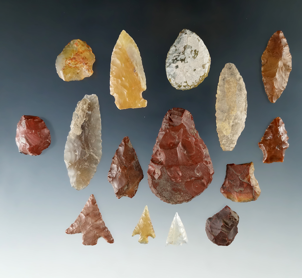Set of 15 assorted flaked artifacts found on Savies island near Portland, Oregon in the 1950s.