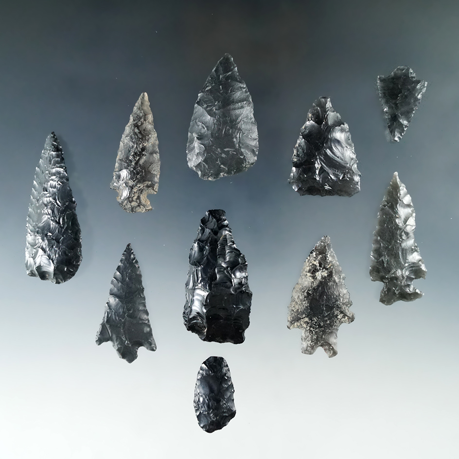 Group of 10 assorted obsidian artifacts found on the surface - Lake Co., Oregon.