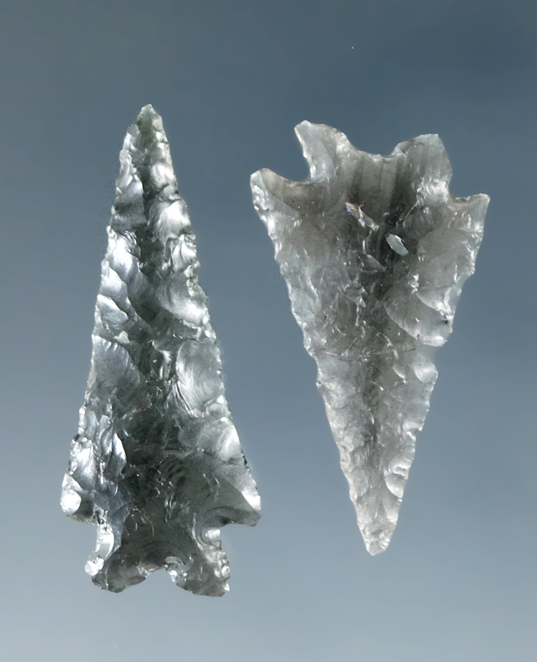 Pair of well made obsidian Elko arrowheads, largest is 1 3/16". Found in Humboldt Co., Nevada.