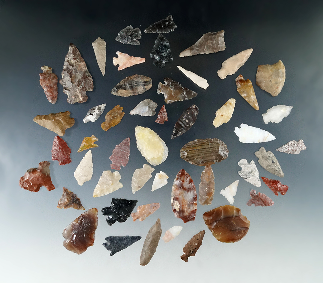 Set of 50 assorted flaked points, Knives and tools found near the Columbia River, Vantage, Washingto