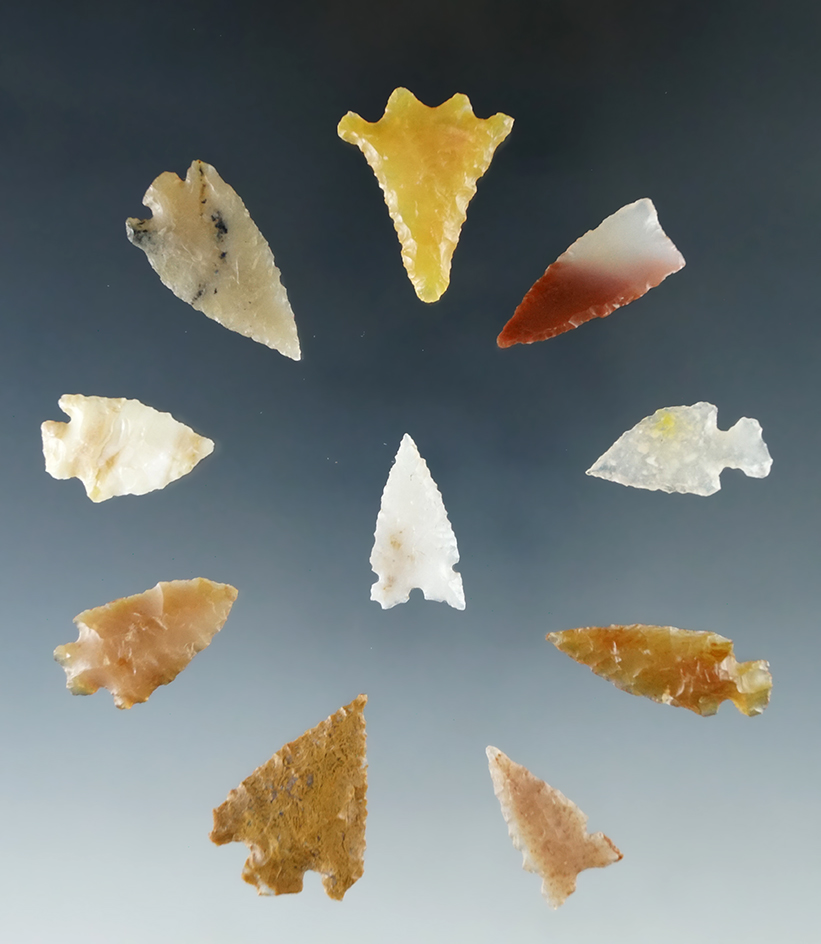 Set of 10 assorted arrowheads made from beautiful material found in Humboldt Co., Nevada.