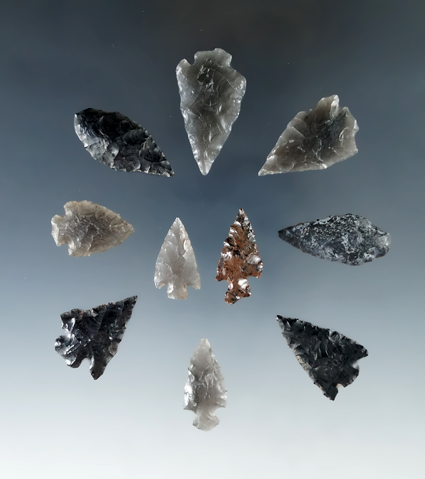 Set of 10 assorted arrowheads found in Humboldt Co., Nevada. Largest is 1 5/16".
