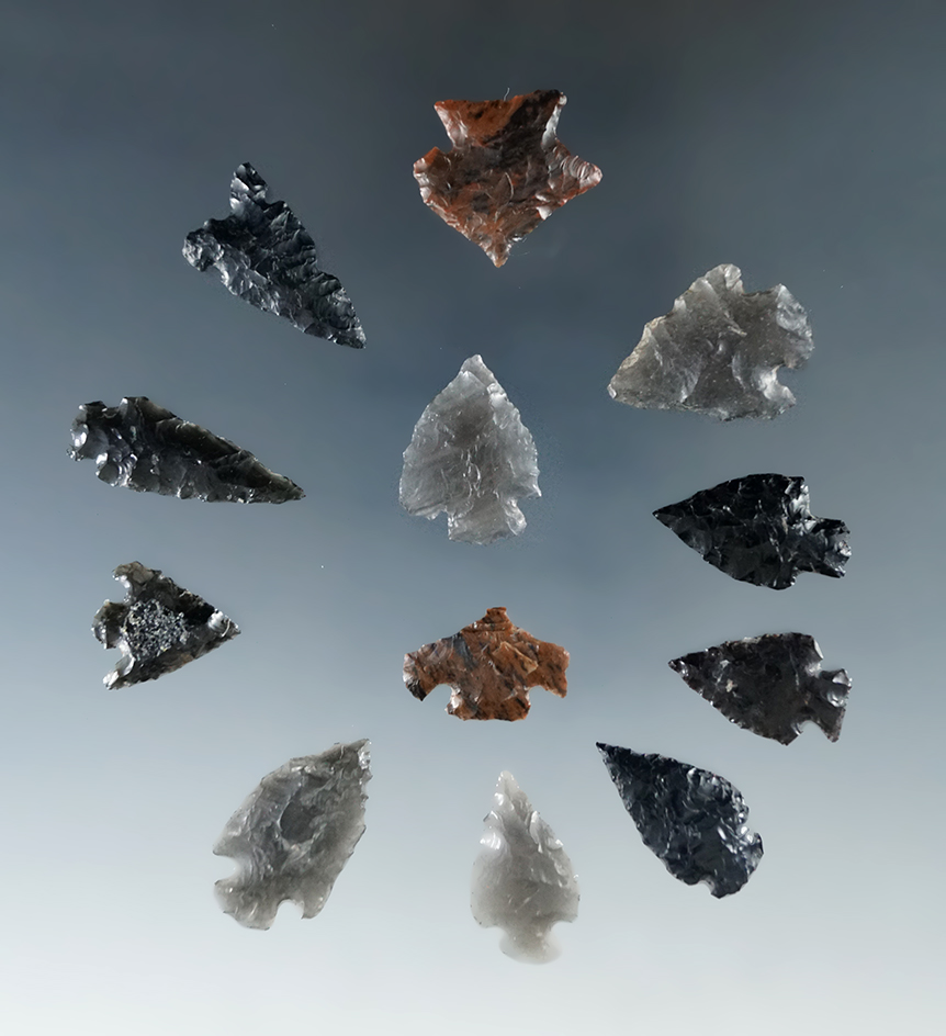 Set of 12 obsidian arrowheads found in Humboldt Co., Nevada, largest is 1".