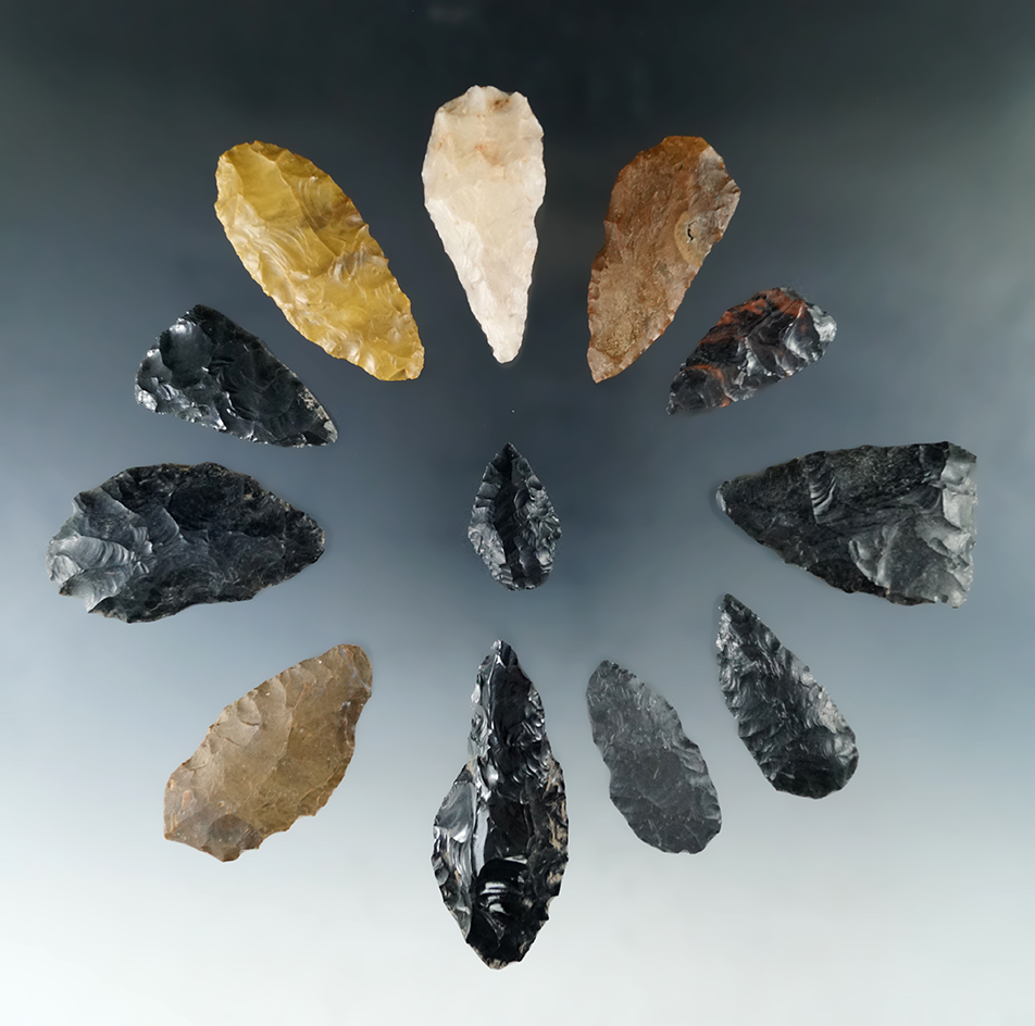 Group of 12 flaked Knives and tools found in Humboldt Co., Nevada, largest is 2 3/8".